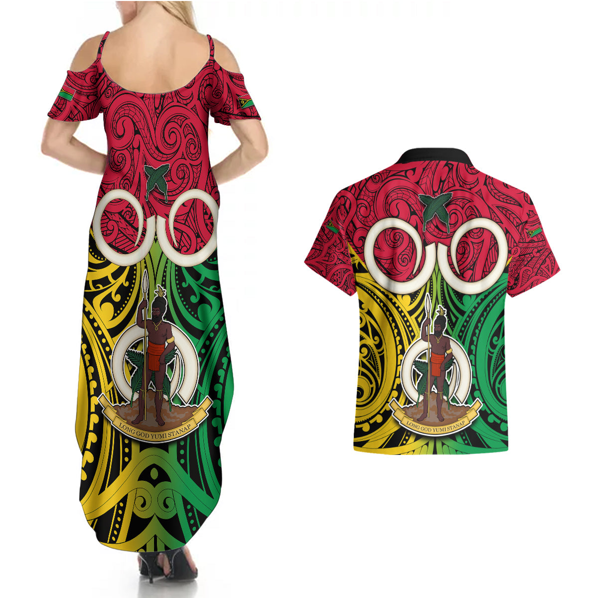 Vanuatu Couples Matching Summer Maxi Dress and Hawaiian Shirt Pig Tusk Mix Maori Pattern and Namele Leaf LT03 - Polynesian Pride