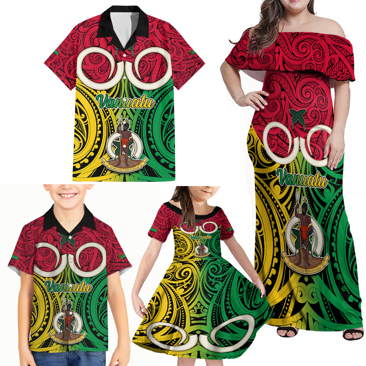 Vanuatu Family Matching Off Shoulder Maxi Dress and Hawaiian Shirt Pig Tusk Mix Maori Pattern and Namele Leaf LT03 - Polynesian Pride