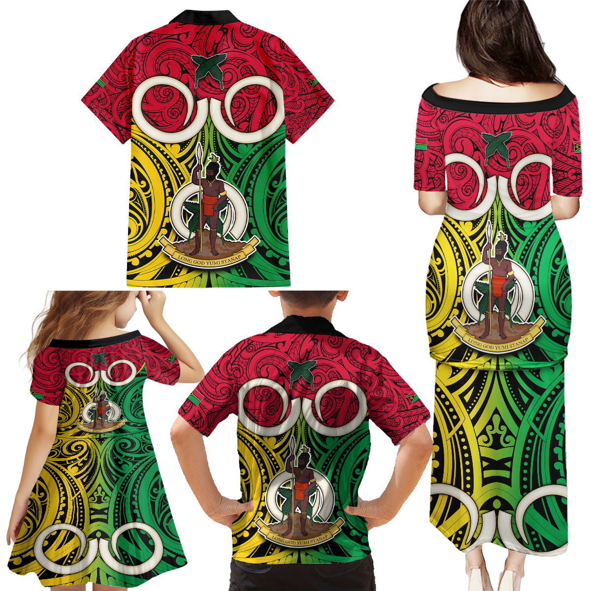 Vanuatu Family Matching Puletasi Dress and Hawaiian Shirt Pig Tusk Mix Maori Pattern and Namele Leaf LT03 - Polynesian Pride