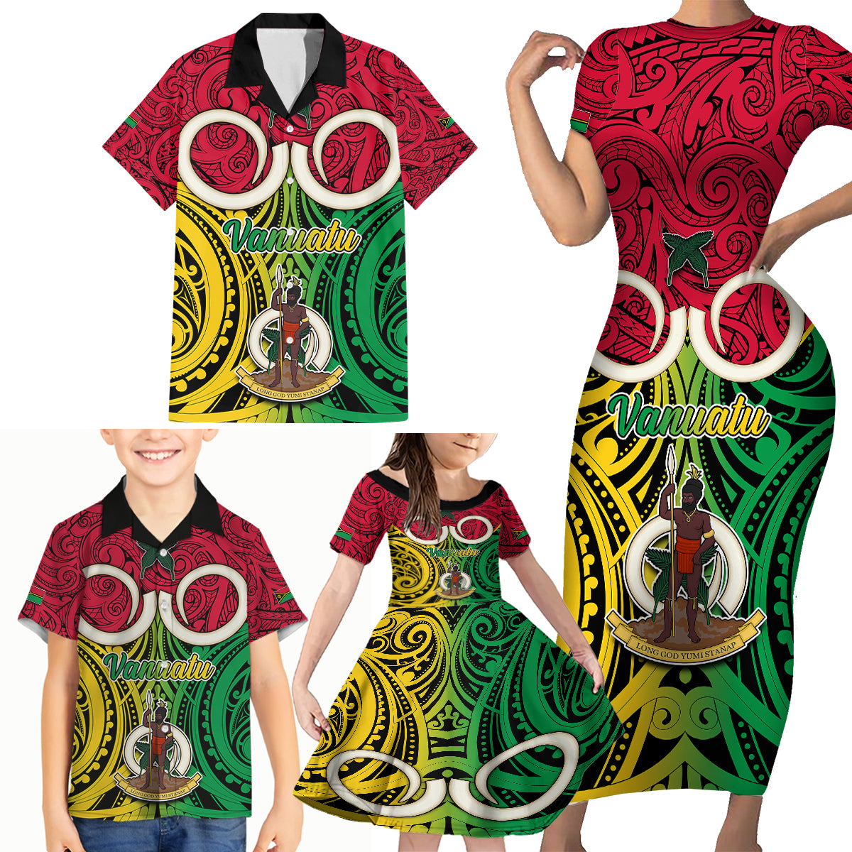Vanuatu Family Matching Short Sleeve Bodycon Dress and Hawaiian Shirt Pig Tusk Mix Maori Pattern and Namele Leaf LT03 - Polynesian Pride