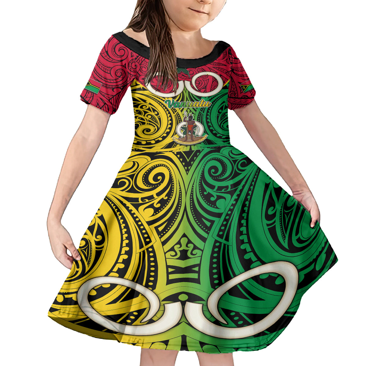 Vanuatu Kid Short Sleeve Dress Pig Tusk Mix Maori Pattern and Namele Leaf LT03 KID Red - Polynesian Pride