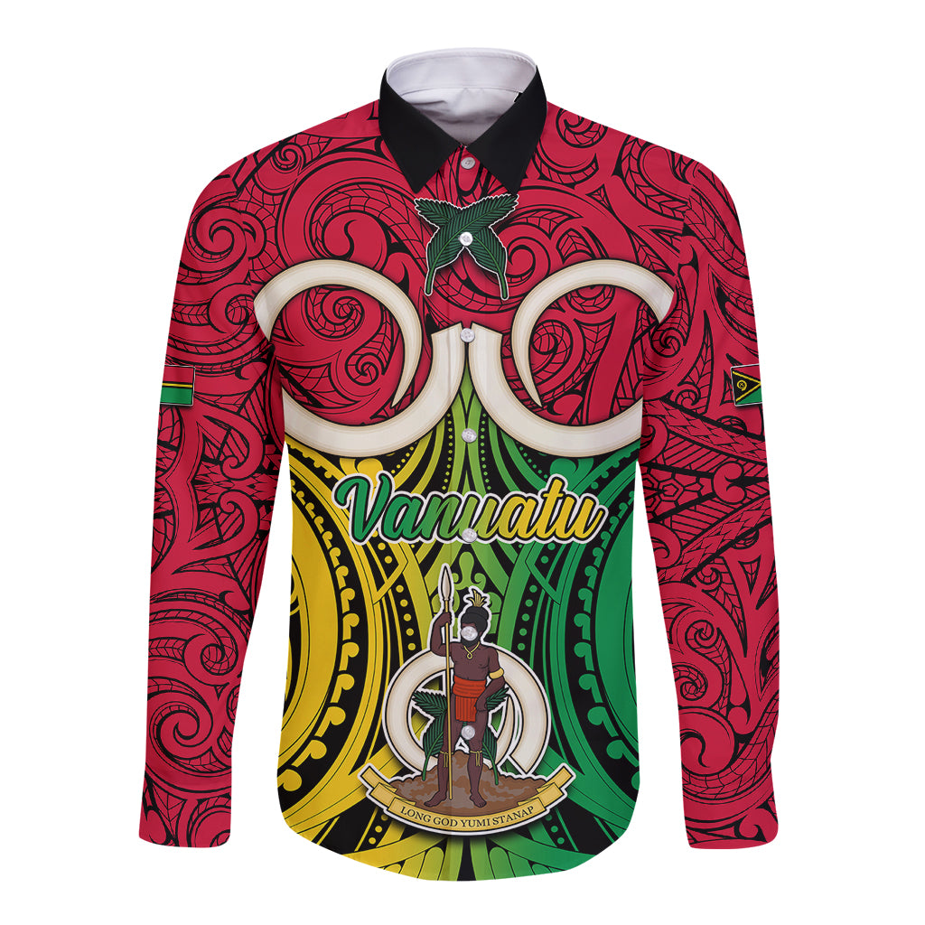 Vanuatu Long Sleeve Button Shirt Pig Tusk Mix Maori Pattern and Namele Leaf LT03 Unisex Red - Polynesian Pride