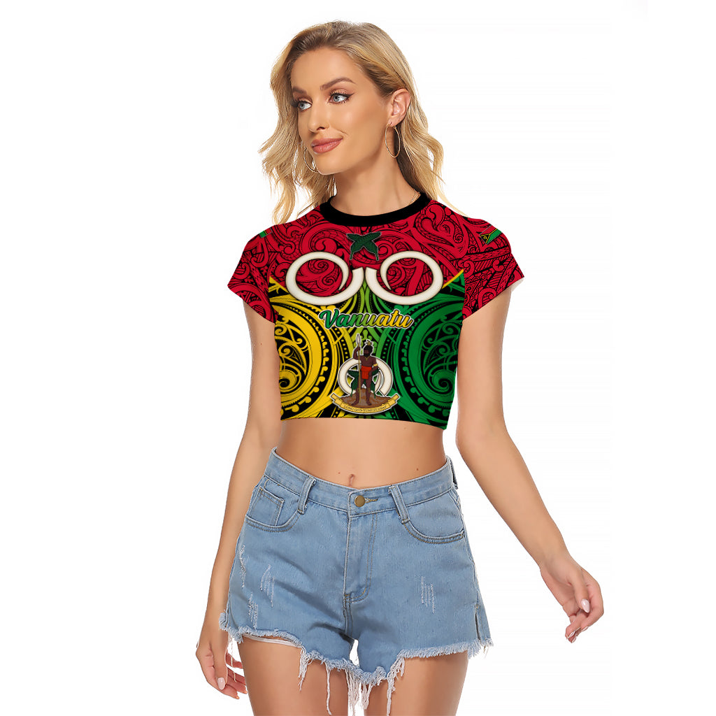 Vanuatu Raglan Cropped T Shirt Pig Tusk Mix Maori Pattern and Namele Leaf LT03 Female Red - Polynesian Pride