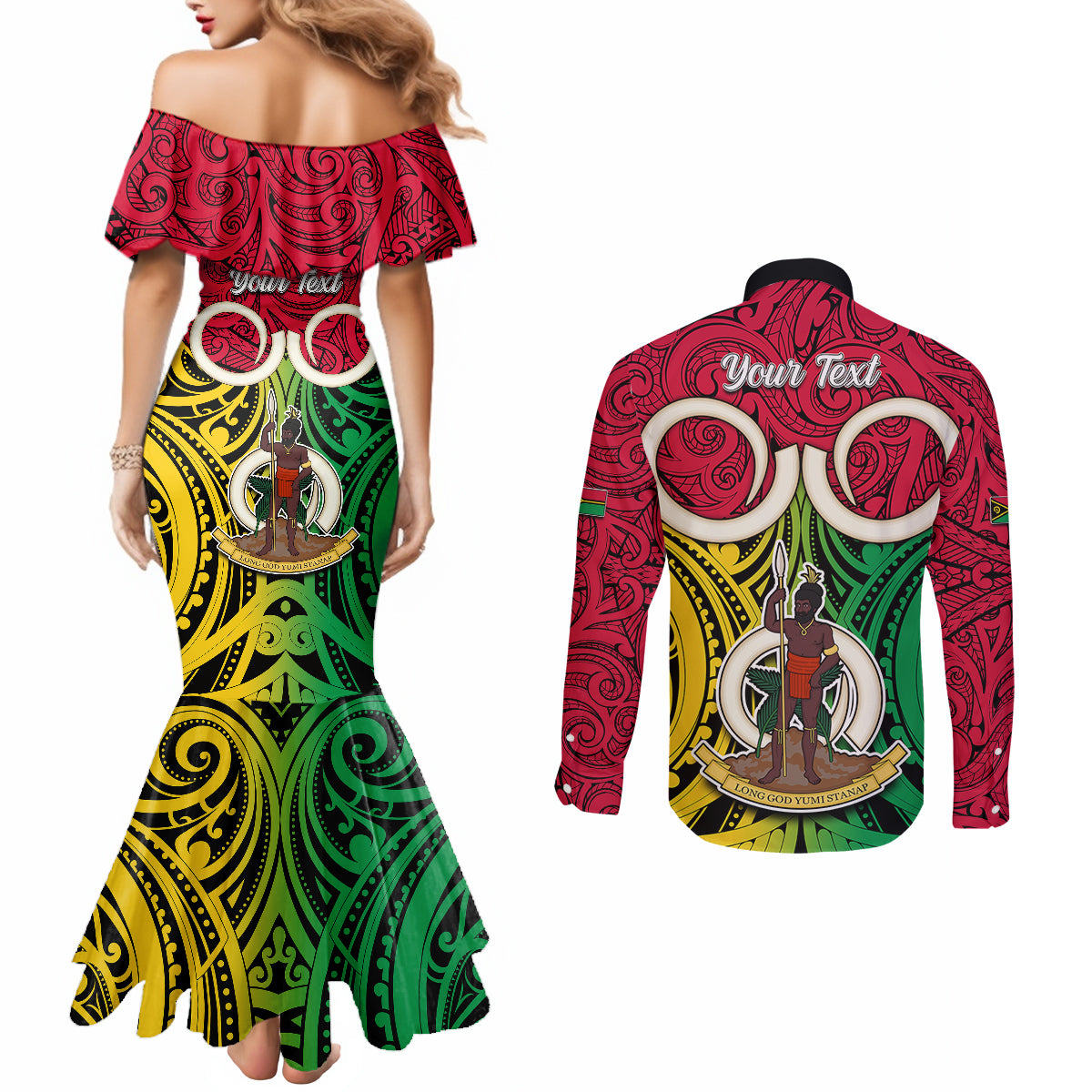 Personalised Vanuatu Couples Matching Mermaid Dress and Long Sleeve Button Shirts Pig Tusk Mix Maori Pattern and Namele Leaf LT03 - Polynesian Pride