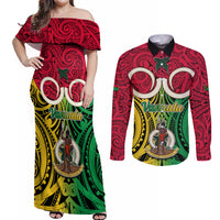 Personalised Vanuatu Couples Matching Off Shoulder Maxi Dress and Long Sleeve Button Shirts Pig Tusk Mix Maori Pattern and Namele Leaf LT03 Red - Polynesian Pride