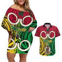 Personalised Vanuatu Couples Matching Off Shoulder Short Dress and Hawaiian Shirt Pig Tusk Mix Maori Pattern and Namele Leaf LT03 Red - Polynesian Pride