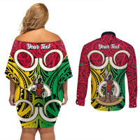 Personalised Vanuatu Couples Matching Off Shoulder Short Dress and Long Sleeve Button Shirts Pig Tusk Mix Maori Pattern and Namele Leaf LT03 - Polynesian Pride