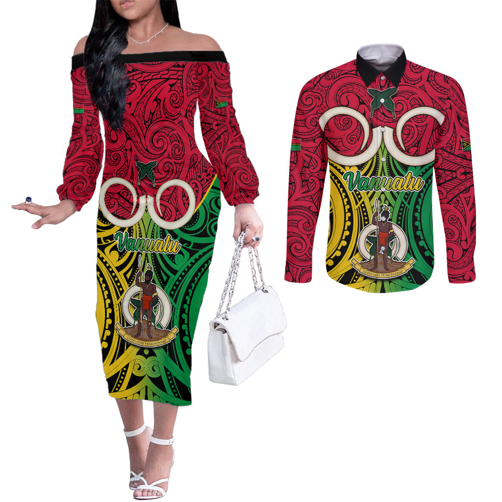 Personalised Vanuatu Couples Matching Off The Shoulder Long Sleeve Dress and Long Sleeve Button Shirts Pig Tusk Mix Maori Pattern and Namele Leaf LT03 Red - Polynesian Pride