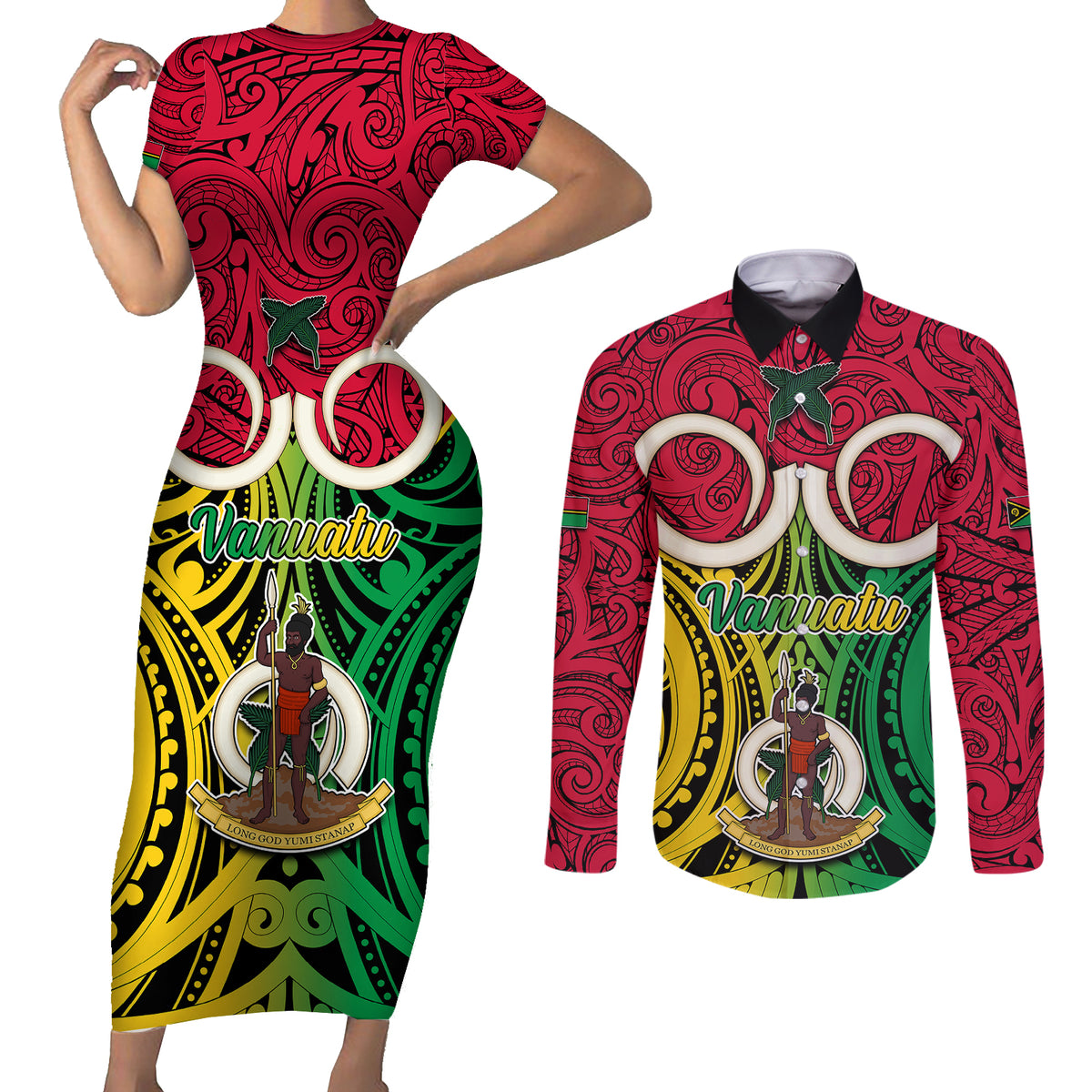 Personalised Vanuatu Couples Matching Short Sleeve Bodycon Dress and Long Sleeve Button Shirts Pig Tusk Mix Maori Pattern and Namele Leaf LT03 Red - Polynesian Pride