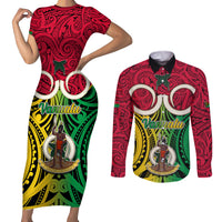 Personalised Vanuatu Couples Matching Short Sleeve Bodycon Dress and Long Sleeve Button Shirts Pig Tusk Mix Maori Pattern and Namele Leaf LT03 Red - Polynesian Pride