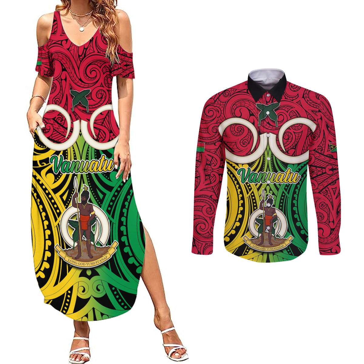 Personalised Vanuatu Couples Matching Summer Maxi Dress and Long Sleeve Button Shirts Pig Tusk Mix Maori Pattern and Namele Leaf LT03 Red - Polynesian Pride
