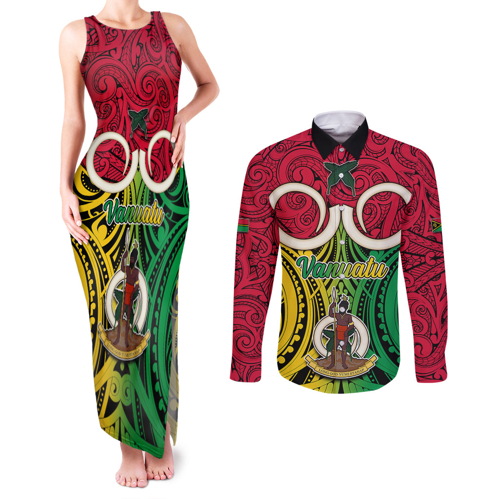 Personalised Vanuatu Couples Matching Tank Maxi Dress and Long Sleeve Button Shirts Pig Tusk Mix Maori Pattern and Namele Leaf LT03 Red - Polynesian Pride