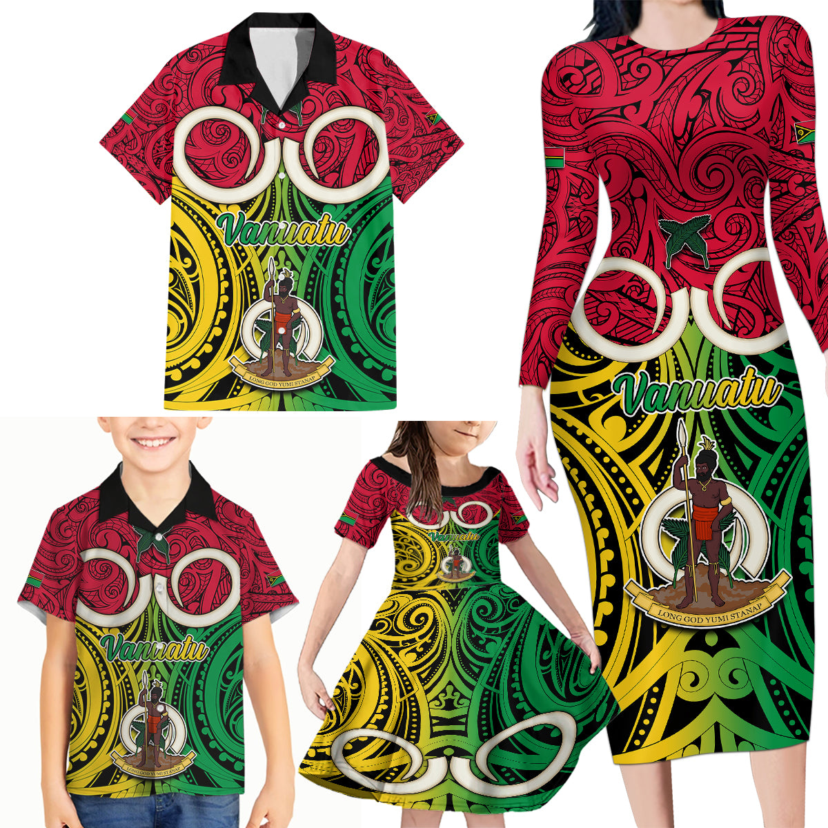 Personalised Vanuatu Family Matching Long Sleeve Bodycon Dress and Hawaiian Shirt Pig Tusk Mix Maori Pattern and Namele Leaf LT03 - Polynesian Pride