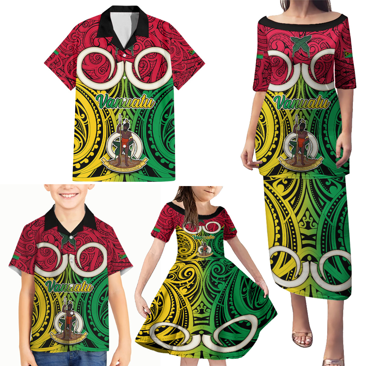 Personalised Vanuatu Family Matching Puletasi Dress and Hawaiian Shirt Pig Tusk Mix Maori Pattern and Namele Leaf LT03 - Polynesian Pride