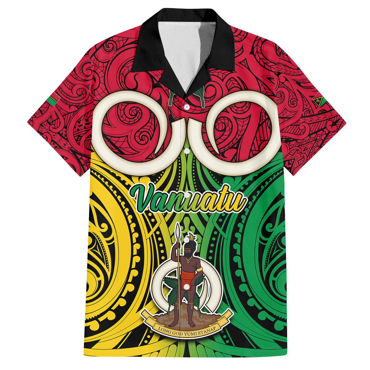 Personalised Vanuatu Family Matching Summer Maxi Dress and Hawaiian Shirt Pig Tusk Mix Maori Pattern and Namele Leaf LT03 Dad's Shirt - Short Sleeve Red - Polynesian Pride