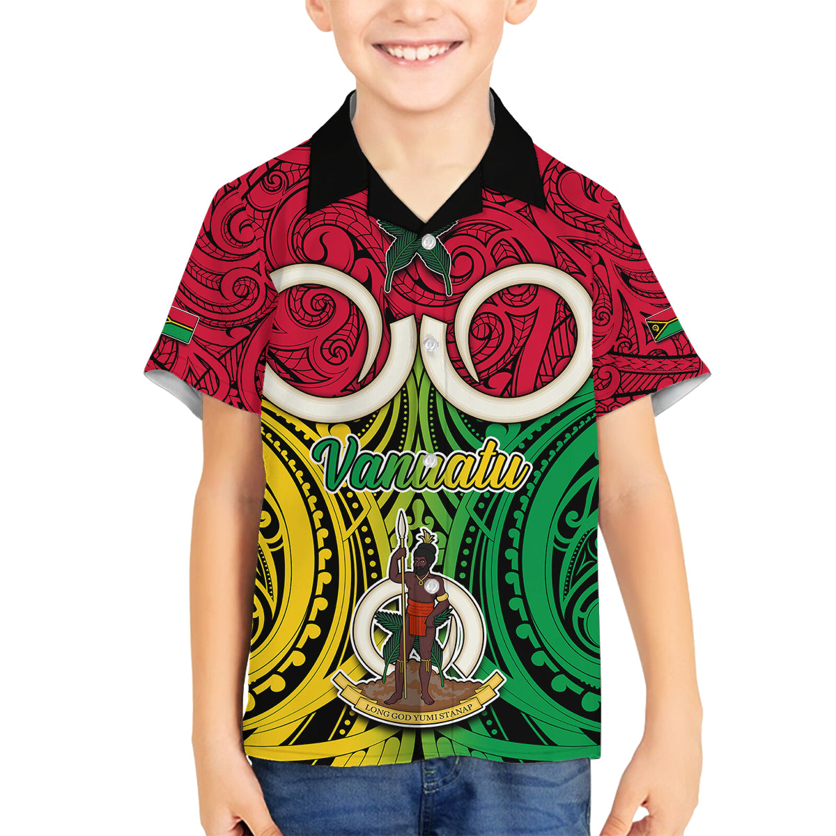 Personalised Vanuatu Family Matching Tank Maxi Dress and Hawaiian Shirt Pig Tusk Mix Maori Pattern and Namele Leaf LT03 Son's Shirt Red - Polynesian Pride