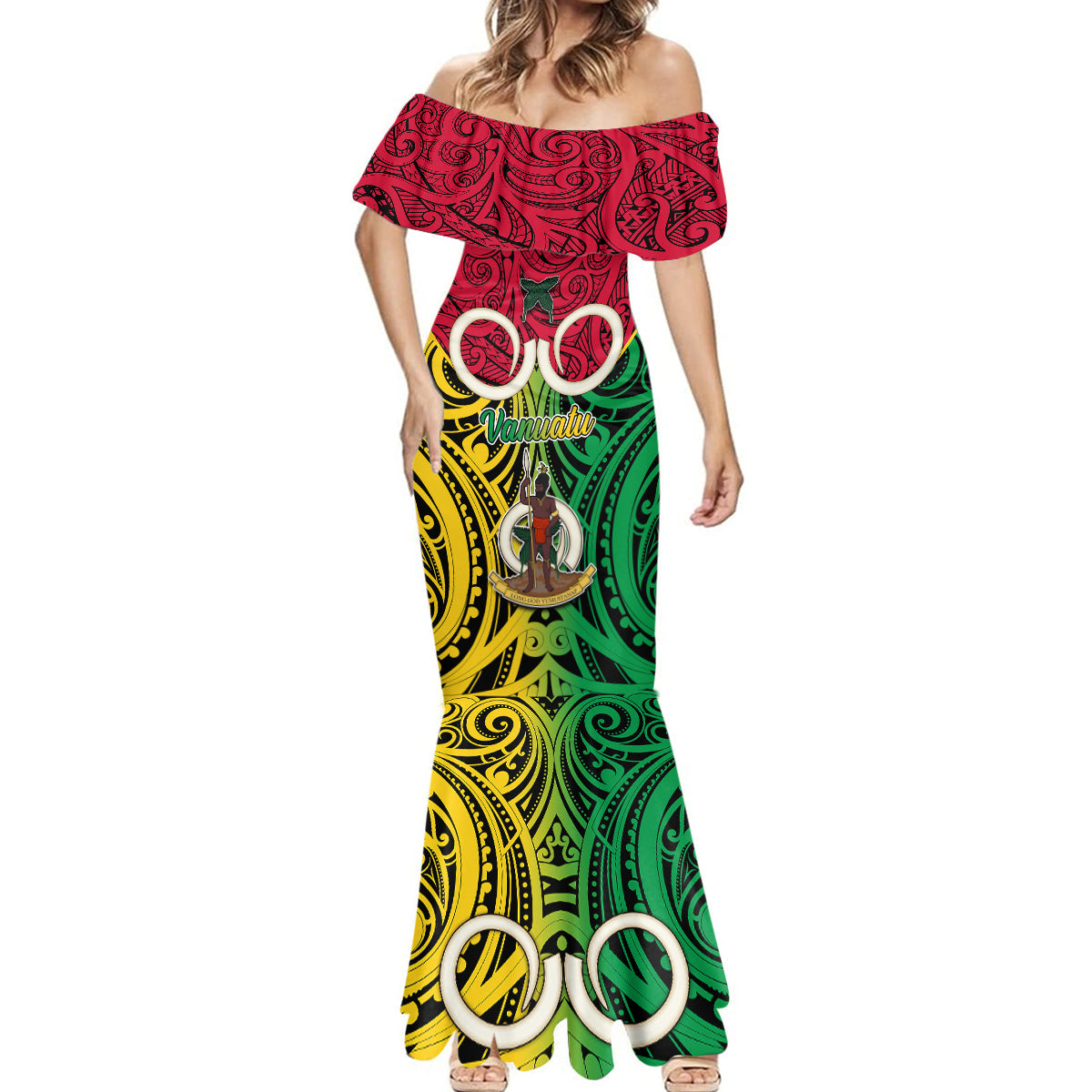 Personalised Vanuatu Mermaid Dress Pig Tusk Mix Maori Pattern and Namele Leaf LT03 - Polynesian Pride