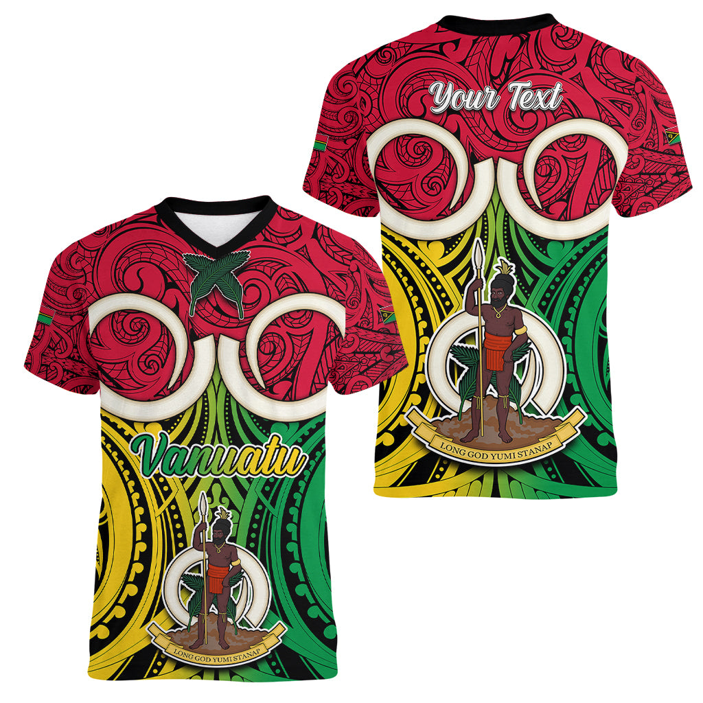 Personalised Vanuatu Women V Neck T Shirt Pig Tusk Mix Maori Pattern and Namele Leaf LT03 - Polynesian Pride