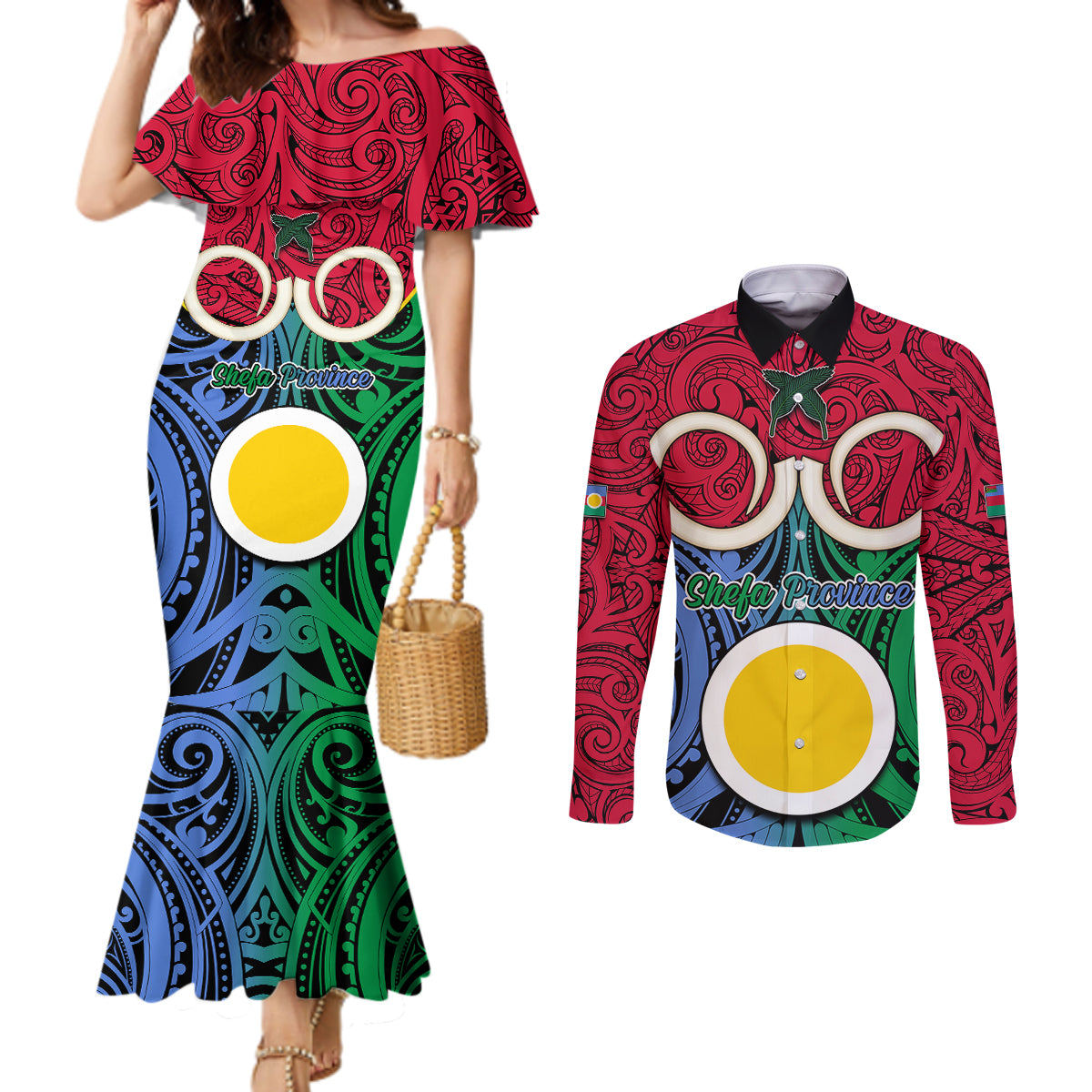 Vanuatu Shefa Province Couples Matching Mermaid Dress and Long Sleeve Button Shirts Pig Tusk Mix Maori Pattern and Namele Leaf LT03 Red - Polynesian Pride