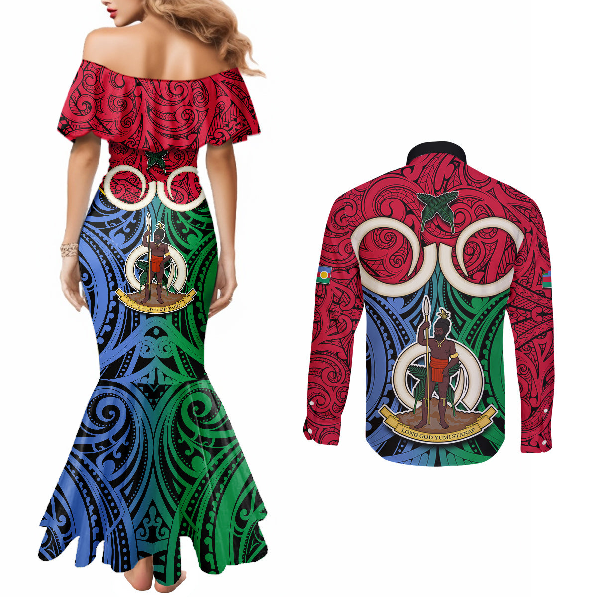 Vanuatu Shefa Province Couples Matching Mermaid Dress and Long Sleeve Button Shirts Pig Tusk Mix Maori Pattern and Namele Leaf LT03 - Polynesian Pride