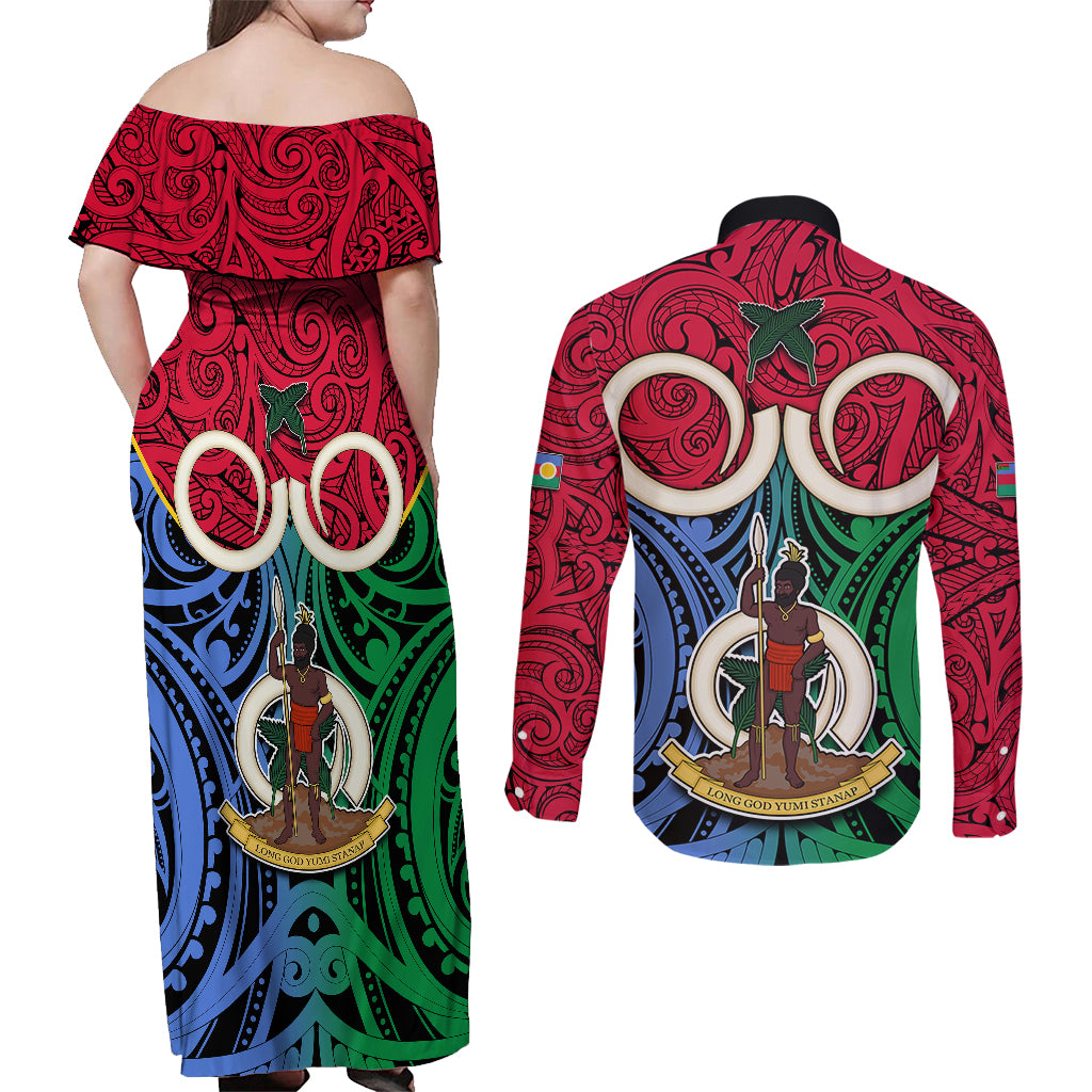 Vanuatu Shefa Province Couples Matching Off Shoulder Maxi Dress and Long Sleeve Button Shirts Pig Tusk Mix Maori Pattern and Namele Leaf LT03 - Polynesian Pride