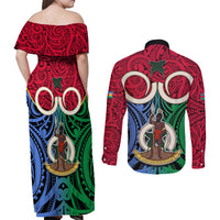 Vanuatu Shefa Province Couples Matching Off Shoulder Maxi Dress and Long Sleeve Button Shirts Pig Tusk Mix Maori Pattern and Namele Leaf LT03 - Polynesian Pride