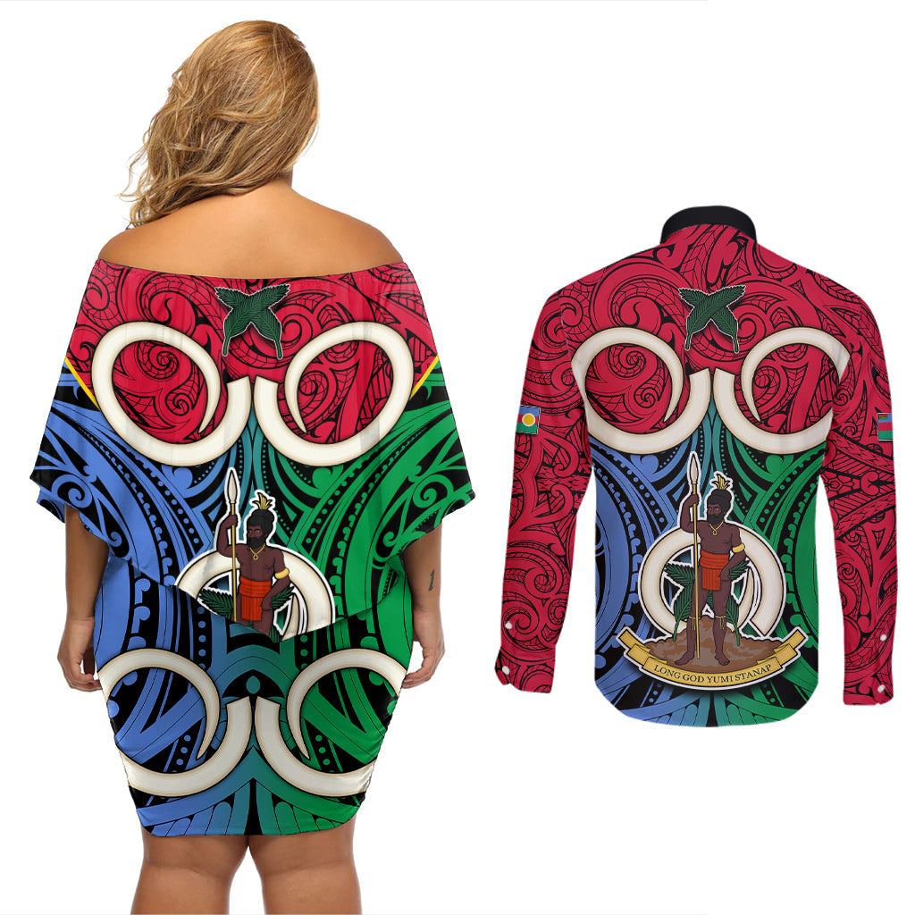 Vanuatu Shefa Province Couples Matching Off Shoulder Short Dress and Long Sleeve Button Shirts Pig Tusk Mix Maori Pattern and Namele Leaf LT03 - Polynesian Pride
