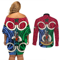 Vanuatu Shefa Province Couples Matching Off Shoulder Short Dress and Long Sleeve Button Shirts Pig Tusk Mix Maori Pattern and Namele Leaf LT03 - Polynesian Pride