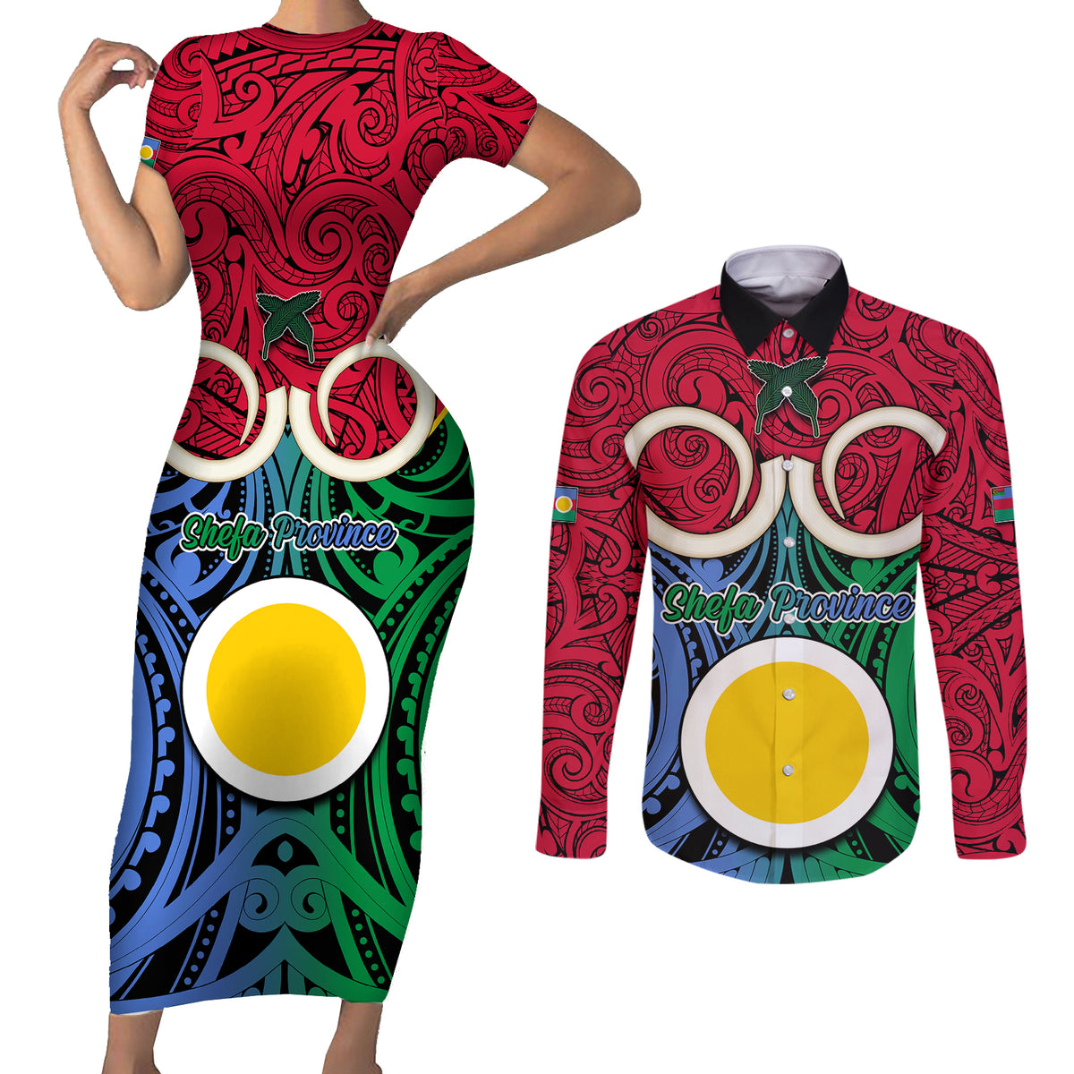 Vanuatu Shefa Province Couples Matching Short Sleeve Bodycon Dress and Long Sleeve Button Shirts Pig Tusk Mix Maori Pattern and Namele Leaf LT03 Red - Polynesian Pride