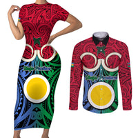 Vanuatu Shefa Province Couples Matching Short Sleeve Bodycon Dress and Long Sleeve Button Shirts Pig Tusk Mix Maori Pattern and Namele Leaf LT03 Red - Polynesian Pride