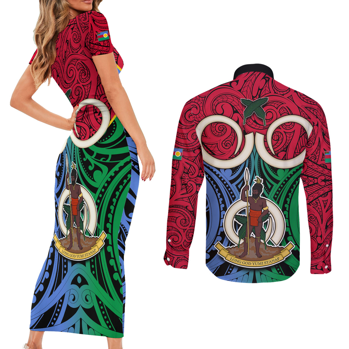 Vanuatu Shefa Province Couples Matching Short Sleeve Bodycon Dress and Long Sleeve Button Shirts Pig Tusk Mix Maori Pattern and Namele Leaf LT03 - Polynesian Pride