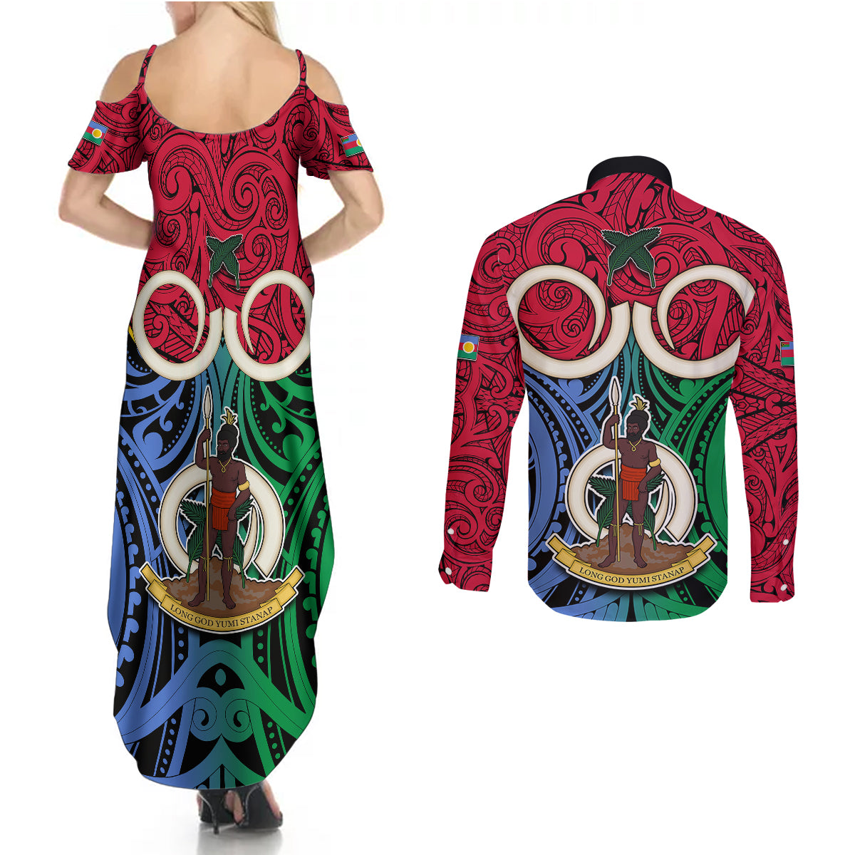 Vanuatu Shefa Province Couples Matching Summer Maxi Dress and Long Sleeve Button Shirts Pig Tusk Mix Maori Pattern and Namele Leaf LT03 - Polynesian Pride