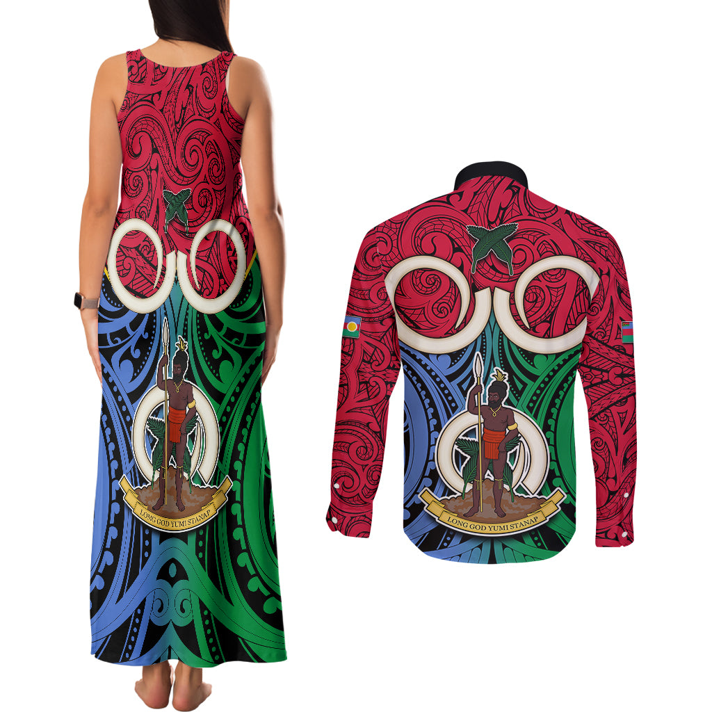Vanuatu Shefa Province Couples Matching Tank Maxi Dress and Long Sleeve Button Shirts Pig Tusk Mix Maori Pattern and Namele Leaf LT03 - Polynesian Pride