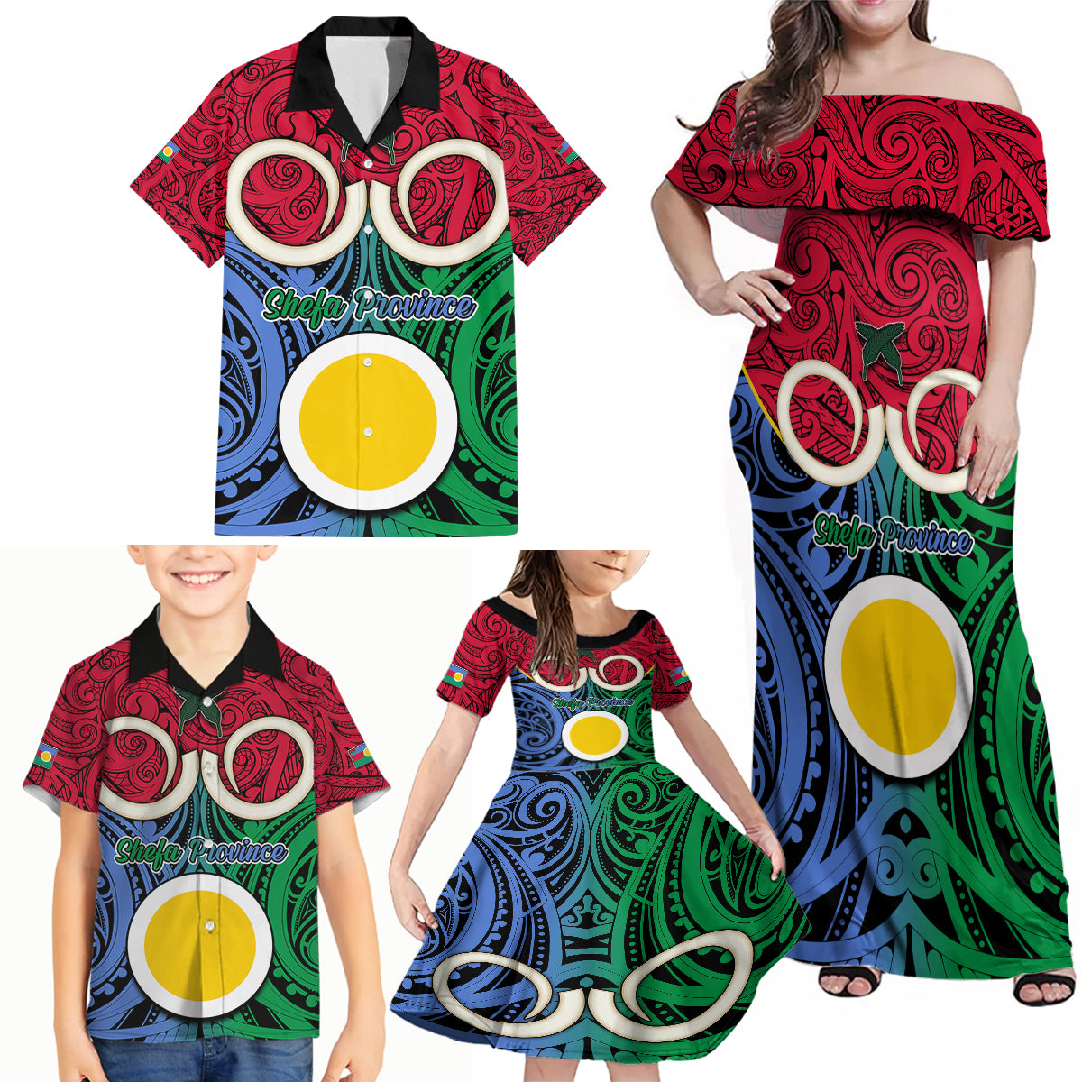 Vanuatu Shefa Province Family Matching Off Shoulder Maxi Dress and Hawaiian Shirt Pig Tusk Mix Maori Pattern and Namele Leaf LT03 - Polynesian Pride