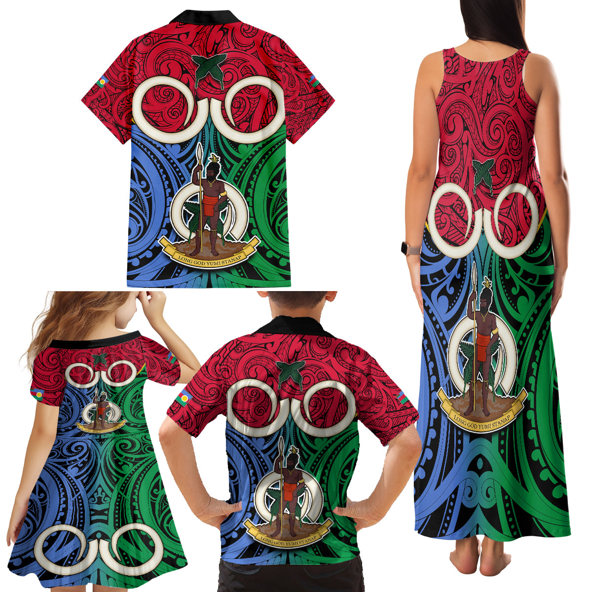 Vanuatu Shefa Province Family Matching Tank Maxi Dress and Hawaiian Shirt Pig Tusk Mix Maori Pattern and Namele Leaf LT03 - Polynesian Pride