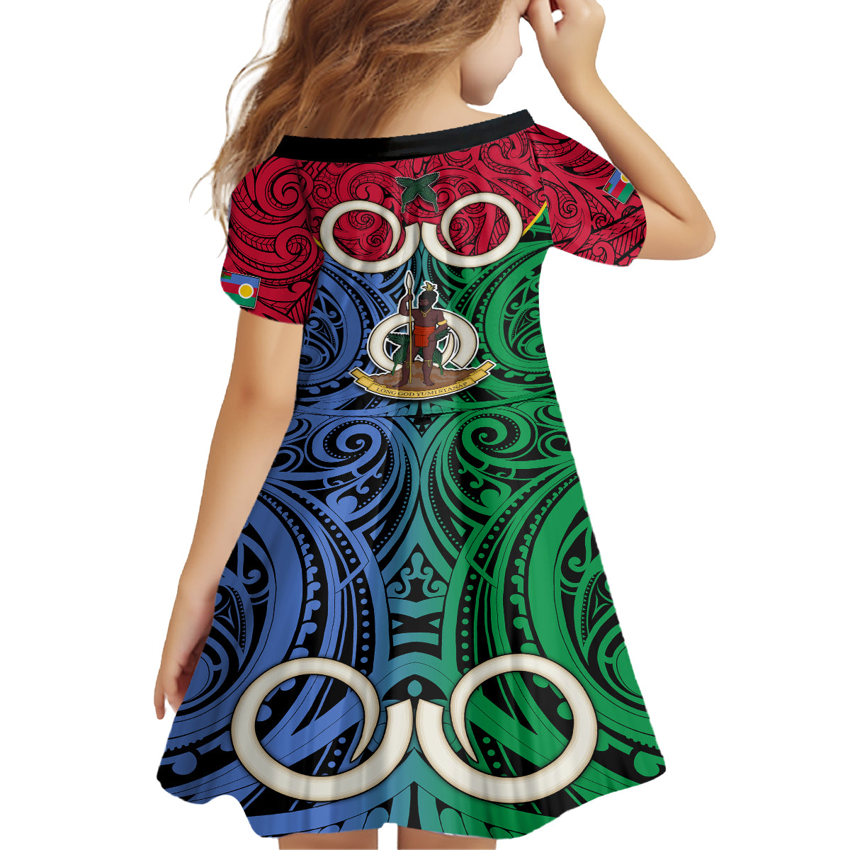 Vanuatu Shefa Province Kid Short Sleeve Dress Pig Tusk Mix Maori Pattern and Namele Leaf LT03 - Polynesian Pride
