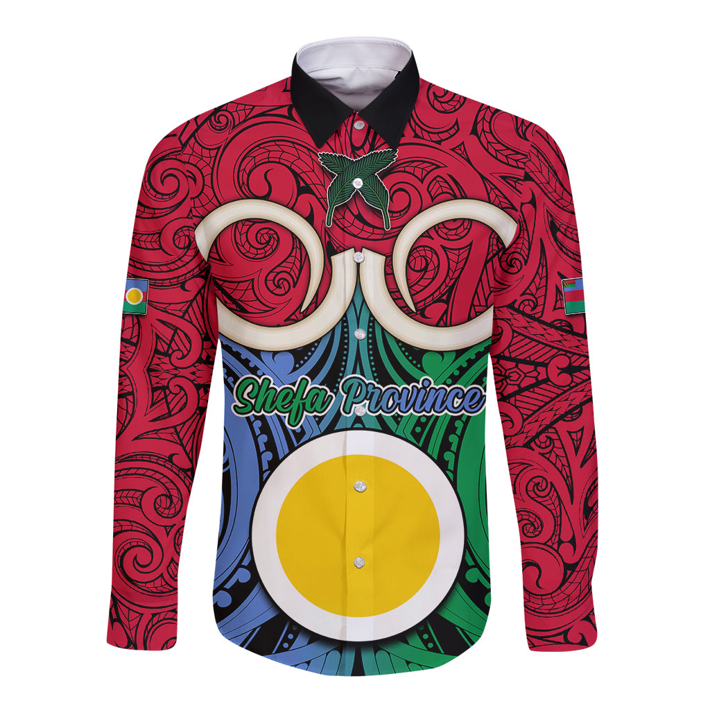Vanuatu Shefa Province Long Sleeve Button Shirt Pig Tusk Mix Maori Pattern and Namele Leaf LT03 Unisex Red - Polynesian Pride