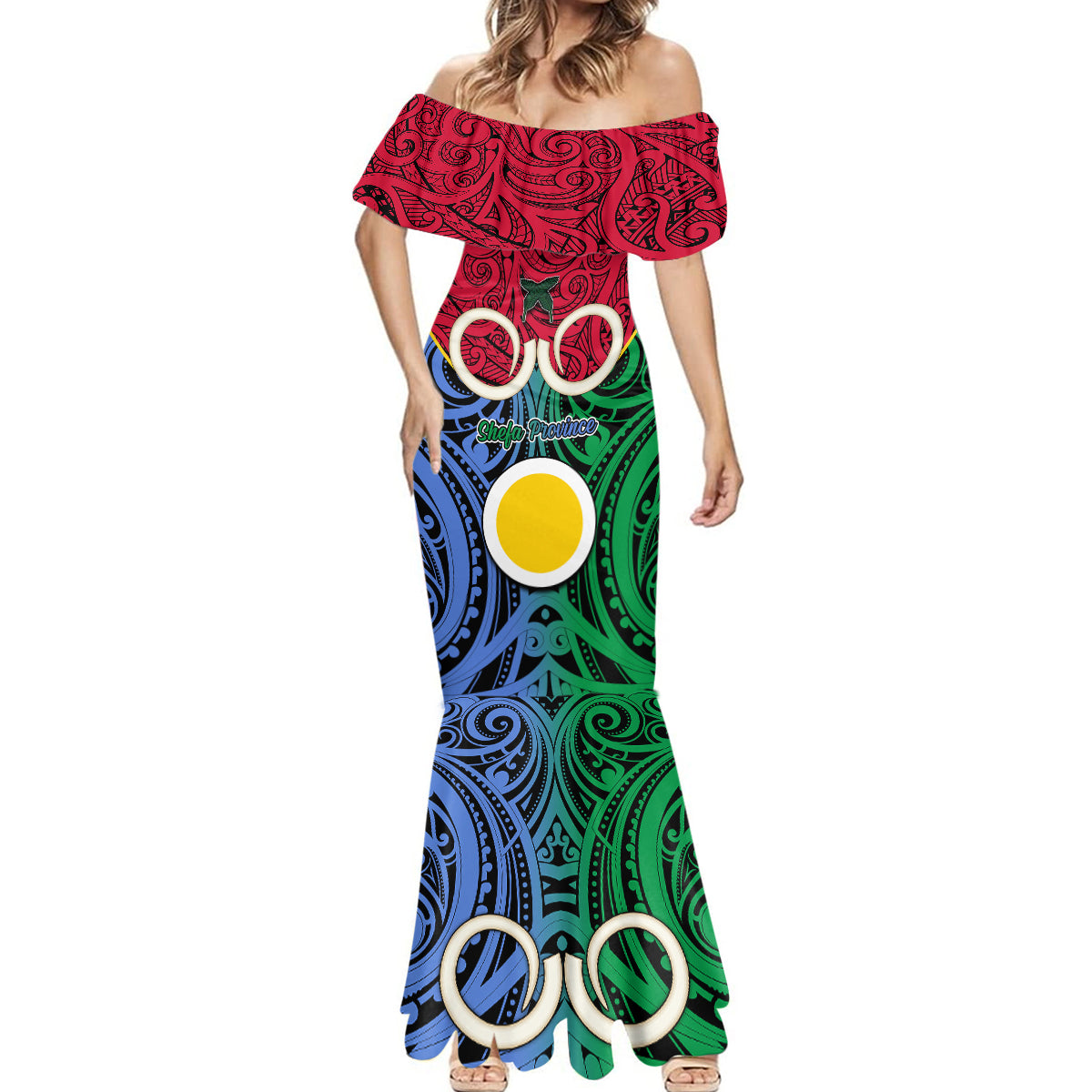 Vanuatu Shefa Province Mermaid Dress Pig Tusk Mix Maori Pattern and Namele Leaf LT03 - Polynesian Pride
