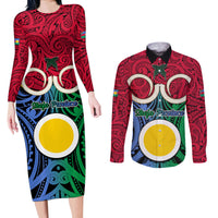 Personalised Vanuatu Shefa Province Couples Matching Long Sleeve Bodycon Dress and Long Sleeve Button Shirts Pig Tusk Mix Maori Pattern and Namele Leaf LT03 Red - Polynesian Pride