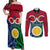 Personalised Vanuatu Shefa Province Couples Matching Off Shoulder Maxi Dress and Long Sleeve Button Shirts Pig Tusk Mix Maori Pattern and Namele Leaf LT03 Red - Polynesian Pride