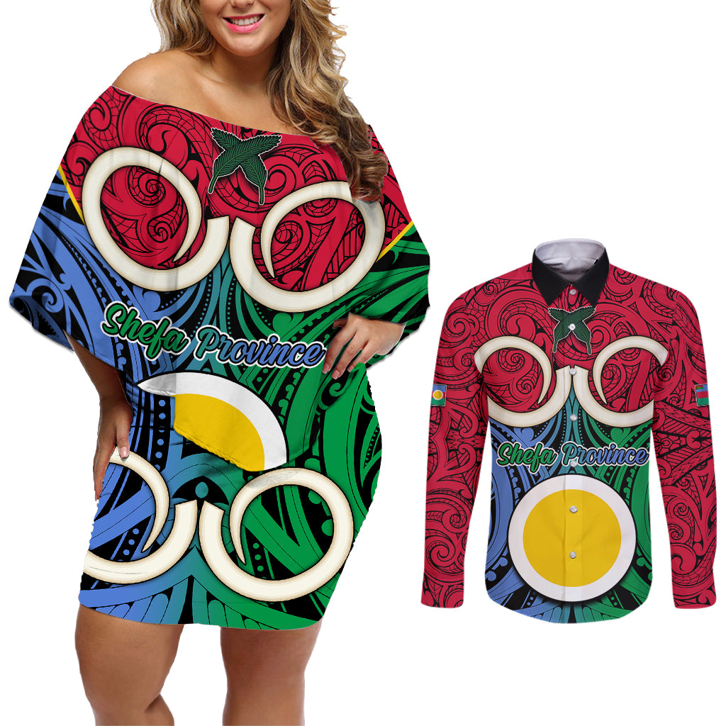 Personalised Vanuatu Shefa Province Couples Matching Off Shoulder Short Dress and Long Sleeve Button Shirts Pig Tusk Mix Maori Pattern and Namele Leaf LT03 Red - Polynesian Pride