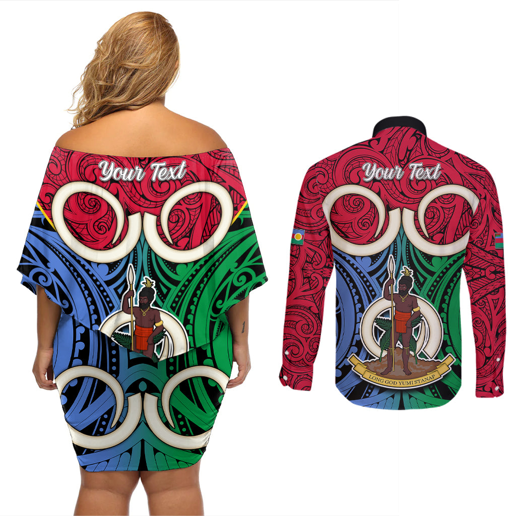 Personalised Vanuatu Shefa Province Couples Matching Off Shoulder Short Dress and Long Sleeve Button Shirts Pig Tusk Mix Maori Pattern and Namele Leaf LT03 - Polynesian Pride