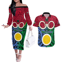 Personalised Vanuatu Shefa Province Couples Matching Off The Shoulder Long Sleeve Dress and Hawaiian Shirt Pig Tusk Mix Maori Pattern and Namele Leaf LT03 Red - Polynesian Pride
