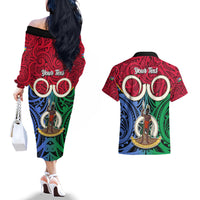 Personalised Vanuatu Shefa Province Couples Matching Off The Shoulder Long Sleeve Dress and Hawaiian Shirt Pig Tusk Mix Maori Pattern and Namele Leaf LT03 - Polynesian Pride