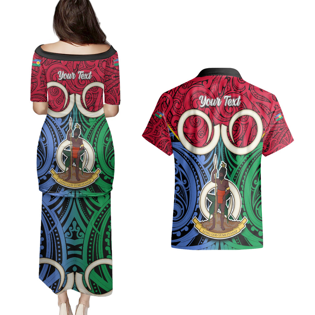 Personalised Vanuatu Shefa Province Couples Matching Puletasi Dress and Hawaiian Shirt Pig Tusk Mix Maori Pattern and Namele Leaf LT03 - Polynesian Pride