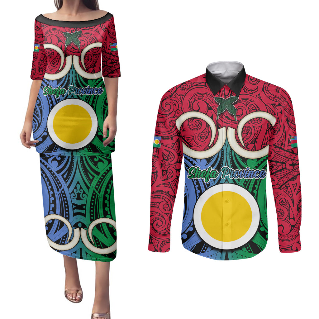 Personalised Vanuatu Shefa Province Couples Matching Puletasi Dress and Long Sleeve Button Shirts Pig Tusk Mix Maori Pattern and Namele Leaf LT03 Red - Polynesian Pride