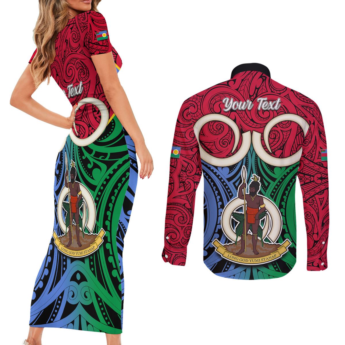 Personalised Vanuatu Shefa Province Couples Matching Short Sleeve Bodycon Dress and Long Sleeve Button Shirts Pig Tusk Mix Maori Pattern and Namele Leaf LT03 - Polynesian Pride