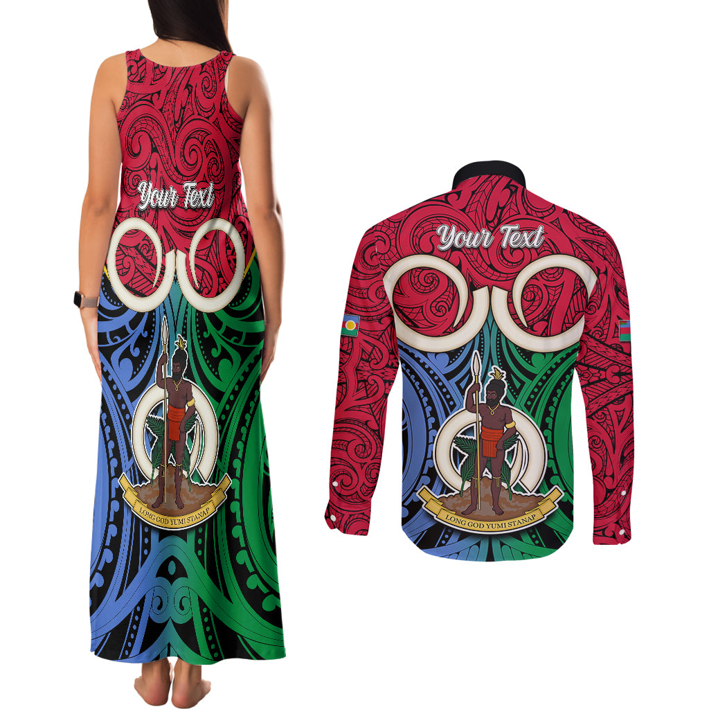 Personalised Vanuatu Shefa Province Couples Matching Tank Maxi Dress and Long Sleeve Button Shirts Pig Tusk Mix Maori Pattern and Namele Leaf LT03 - Polynesian Pride