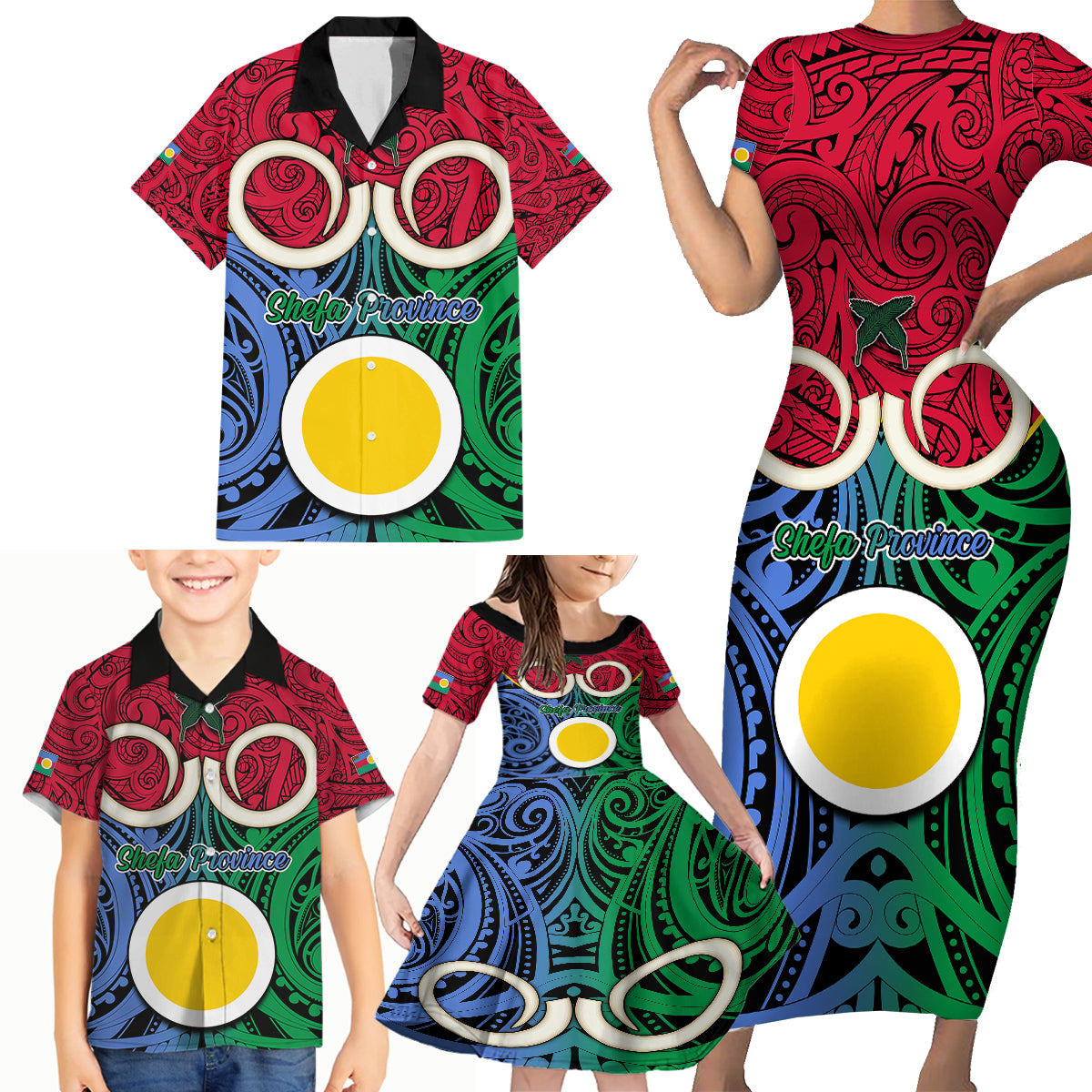 Personalised Vanuatu Shefa Province Family Matching Short Sleeve Bodycon Dress and Hawaiian Shirt Pig Tusk Mix Maori Pattern and Namele Leaf LT03 - Polynesian Pride