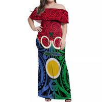 Personalised Vanuatu Shefa Province Off Shoulder Maxi Dress Pig Tusk Mix Maori Pattern and Namele Leaf LT03 Women Red - Polynesian Pride